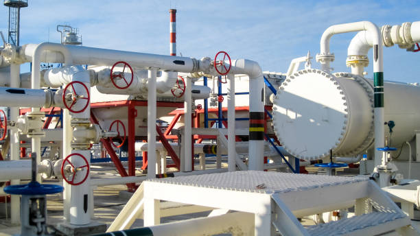 Heat exchangers in a refinery. The equipment for oil refining. Heated gasoline air cooler
